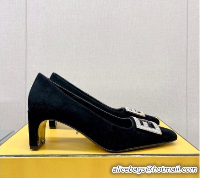 Feminine Fendi Baguette Suede Medium Heel Pumps with Crystal Logo Black 022326