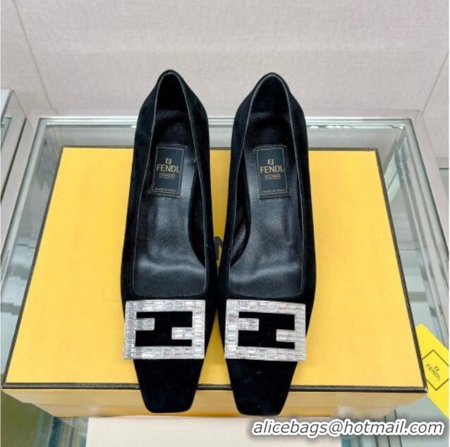 Feminine Fendi Baguette Suede Medium Heel Pumps with Crystal Logo Black 022326