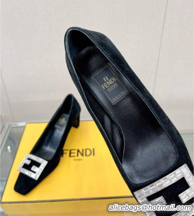 Feminine Fendi Baguette Suede Medium Heel Pumps with Crystal Logo Black 022326