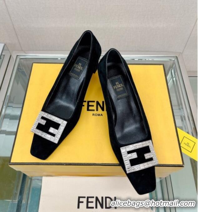 Feminine Fendi Baguette Suede Medium Heel Pumps with Crystal Logo Black 022326