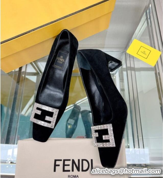 Feminine Fendi Baguette Suede Medium Heel Pumps with Crystal Logo Black 022326