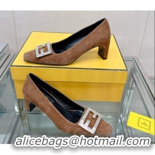 Classic Hot Fendi Baguette Suede Medium Heel Pumps with Crystal Logo Brown 022327