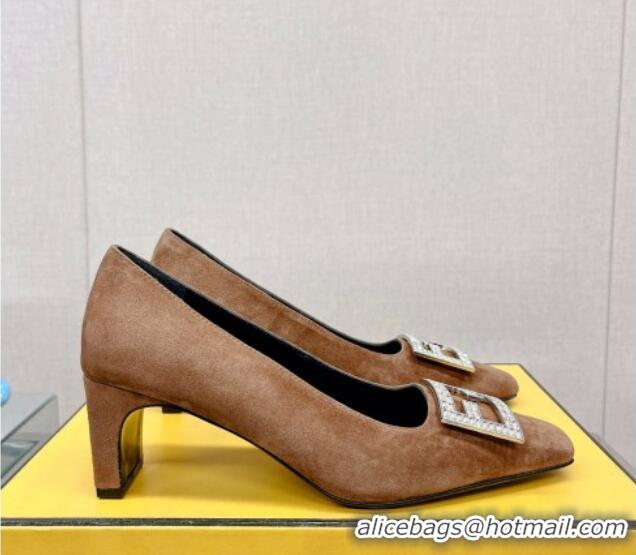 Classic Hot Fendi Baguette Suede Medium Heel Pumps with Crystal Logo Brown 022327