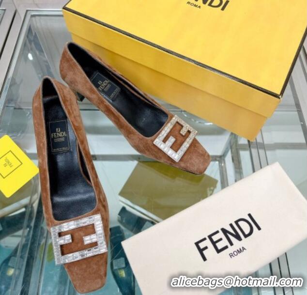 Classic Hot Fendi Baguette Suede Medium Heel Pumps with Crystal Logo Brown 022327