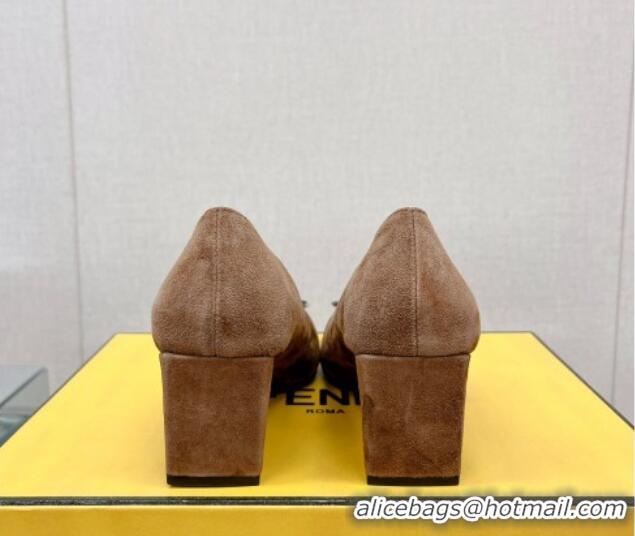 Classic Hot Fendi Baguette Suede Medium Heel Pumps with Crystal Logo Brown 022327