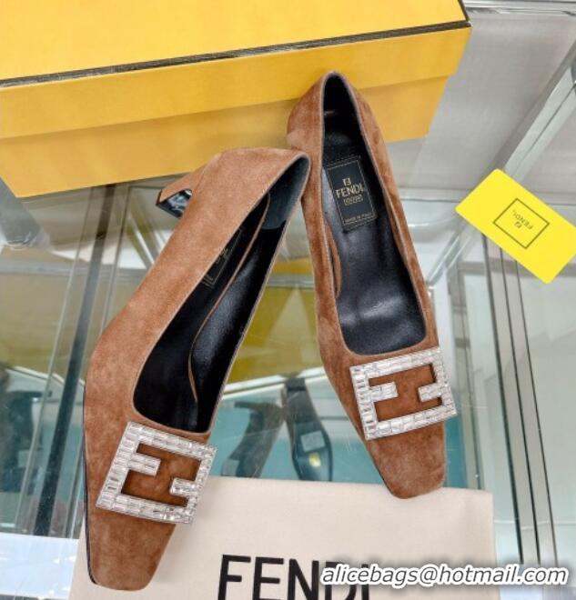 Classic Hot Fendi Baguette Suede Medium Heel Pumps with Crystal Logo Brown 022327