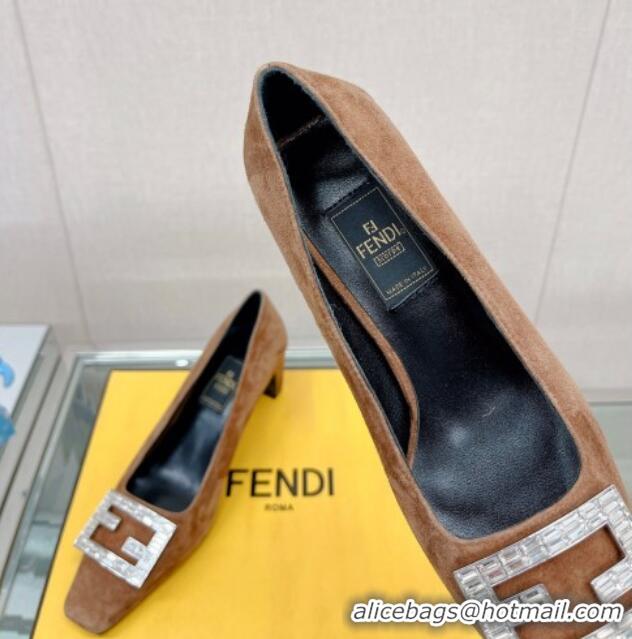 Classic Hot Fendi Baguette Suede Medium Heel Pumps with Crystal Logo Brown 022327