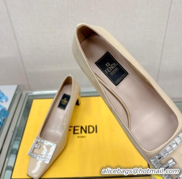 Good Quality Fendi Baguette Patent Leather Medium Heel Pumps with Crystal Logo Beige 022328