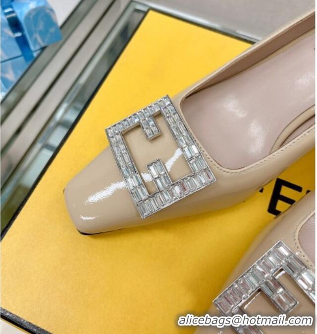 Good Quality Fendi Baguette Patent Leather Medium Heel Pumps with Crystal Logo Beige 022328