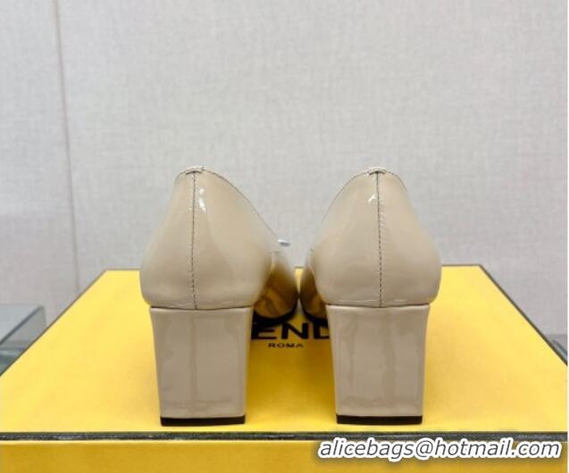 Good Quality Fendi Baguette Patent Leather Medium Heel Pumps with Crystal Logo Beige 022328