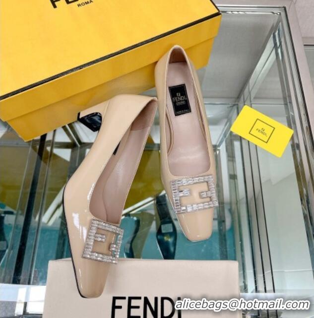 Good Quality Fendi Baguette Patent Leather Medium Heel Pumps with Crystal Logo Beige 022328