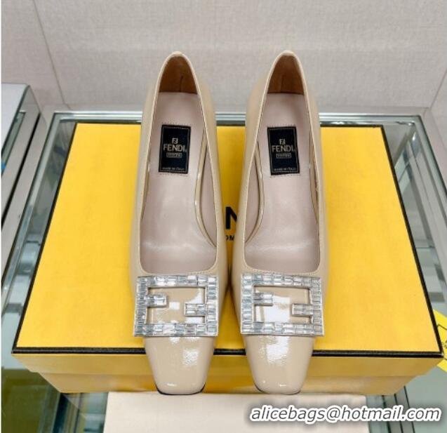 Good Quality Fendi Baguette Patent Leather Medium Heel Pumps with Crystal Logo Beige 022328