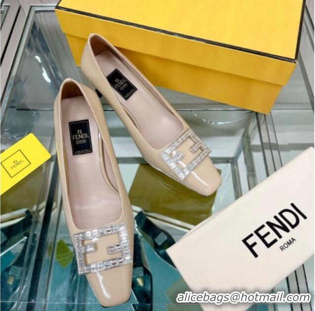 Good Quality Fendi Baguette Patent Leather Medium Heel Pumps with Crystal Logo Beige 022328