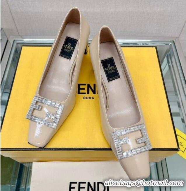 Good Quality Fendi Baguette Patent Leather Medium Heel Pumps with Crystal Logo Beige 022328