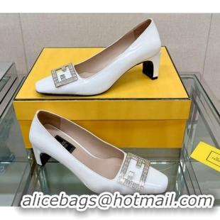 Grade Quality Fendi Baguette Patent Leather Medium Heel Pumps with Crystal Logo White 022329