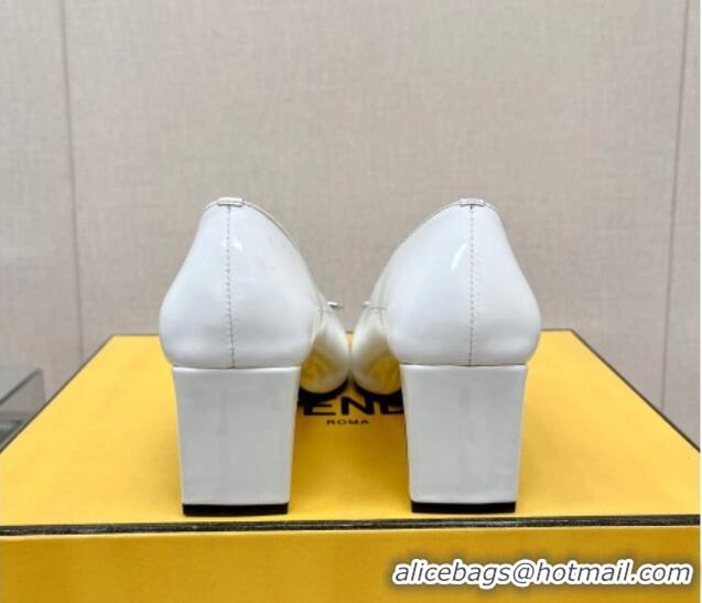 Grade Quality Fendi Baguette Patent Leather Medium Heel Pumps with Crystal Logo White 022329