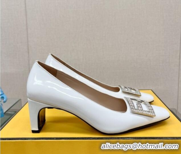 Grade Quality Fendi Baguette Patent Leather Medium Heel Pumps with Crystal Logo White 022329