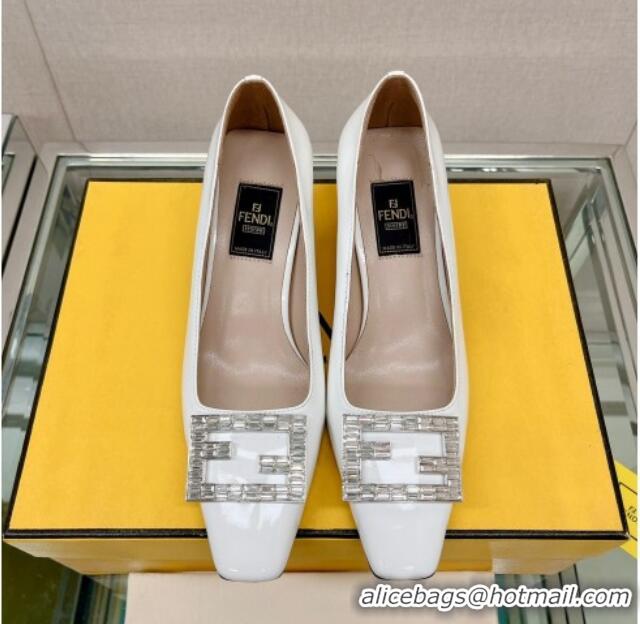 Grade Quality Fendi Baguette Patent Leather Medium Heel Pumps with Crystal Logo White 022329