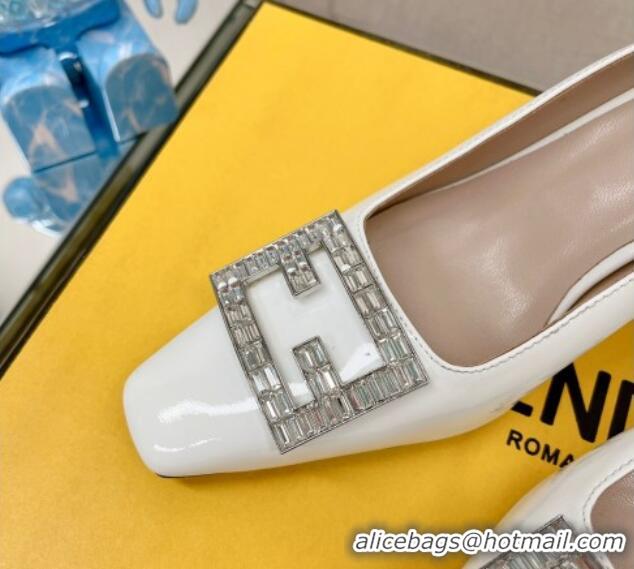 Grade Quality Fendi Baguette Patent Leather Medium Heel Pumps with Crystal Logo White 022329