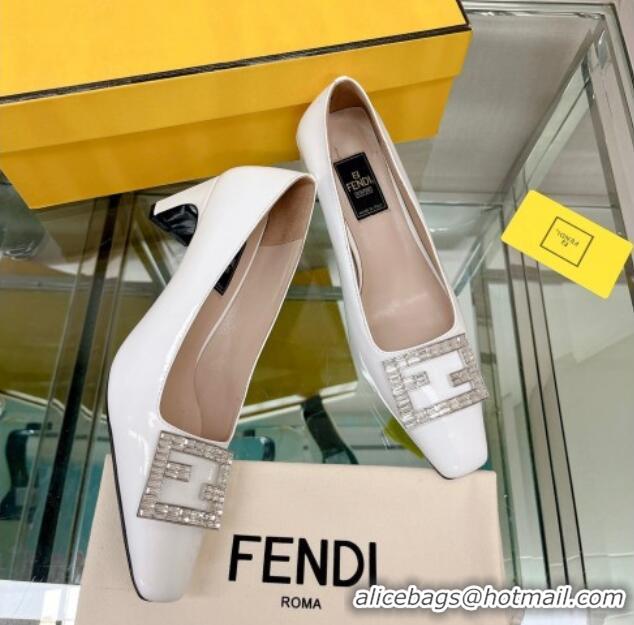 Grade Quality Fendi Baguette Patent Leather Medium Heel Pumps with Crystal Logo White 022329