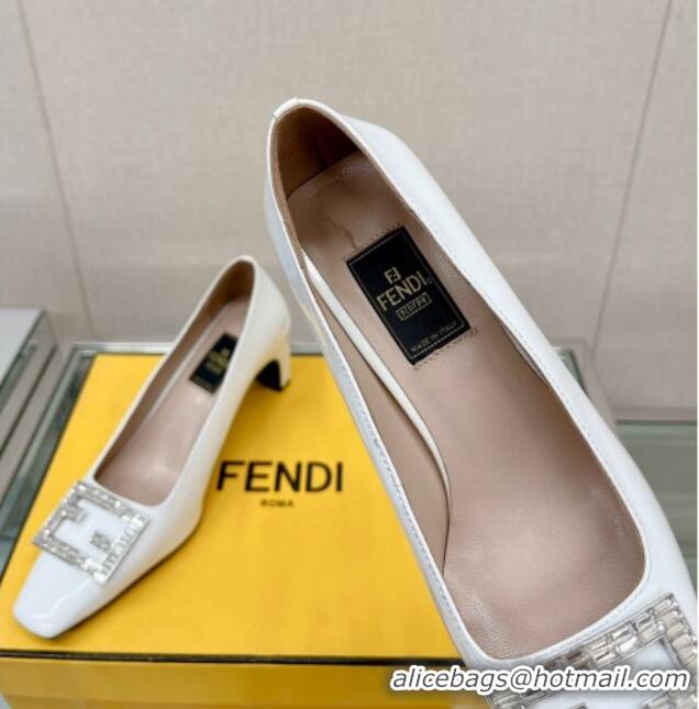 Grade Quality Fendi Baguette Patent Leather Medium Heel Pumps with Crystal Logo White 022329