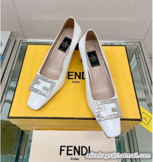 Grade Quality Fendi Baguette Patent Leather Medium Heel Pumps with Crystal Logo White 022329