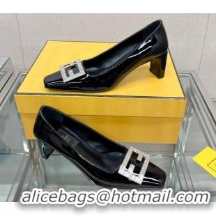 Unique Style Fendi Baguette Patent Leather Medium Heel Pumps with Crystal Logo Black 022330