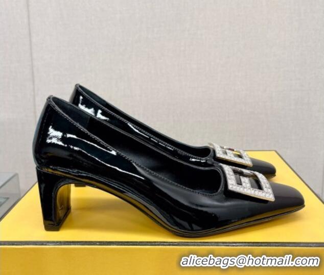 Unique Style Fendi Baguette Patent Leather Medium Heel Pumps with Crystal Logo Black 022330