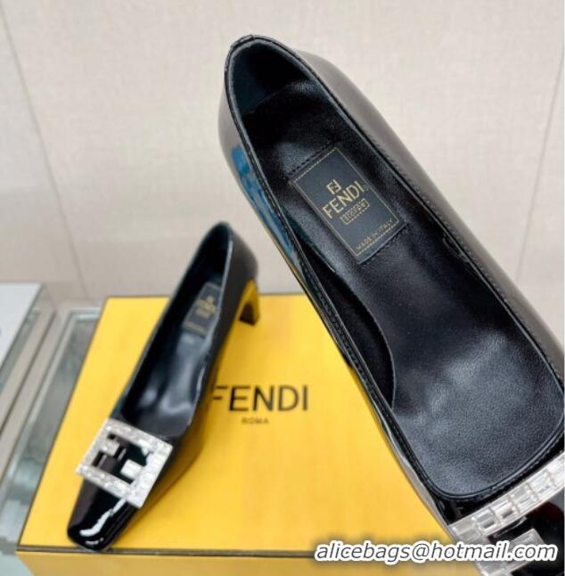 Unique Style Fendi Baguette Patent Leather Medium Heel Pumps with Crystal Logo Black 022330