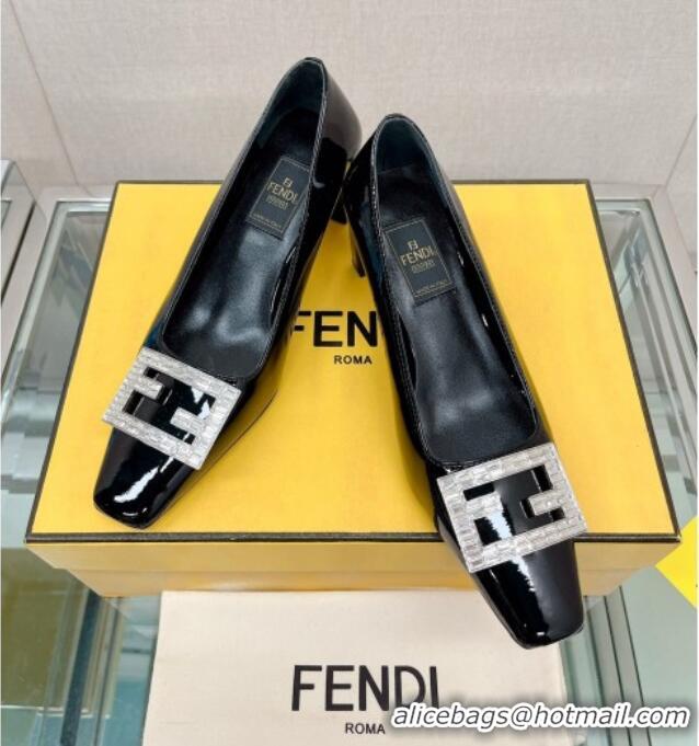 Unique Style Fendi Baguette Patent Leather Medium Heel Pumps with Crystal Logo Black 022330