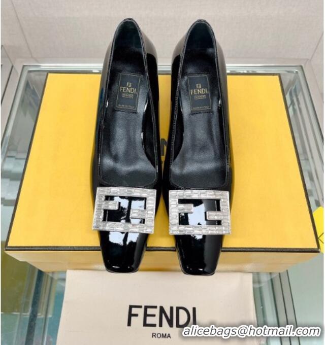 Unique Style Fendi Baguette Patent Leather Medium Heel Pumps with Crystal Logo Black 022330