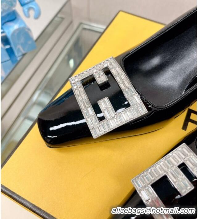 Unique Style Fendi Baguette Patent Leather Medium Heel Pumps with Crystal Logo Black 022330