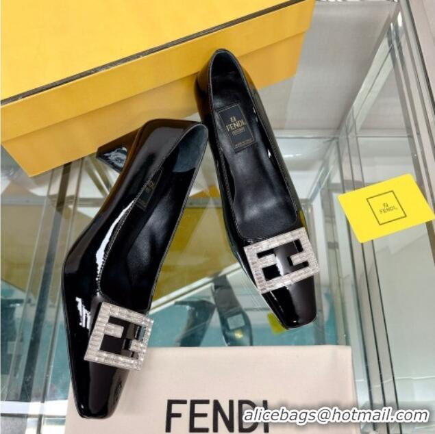 Unique Style Fendi Baguette Patent Leather Medium Heel Pumps with Crystal Logo Black 022330