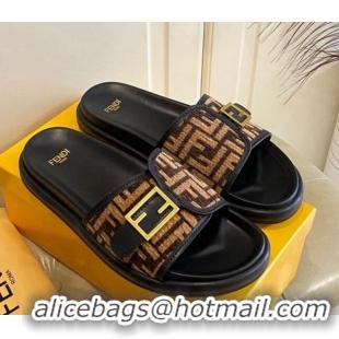 Purchase Fendi Feel Flat Slide Sandals in FF Fabric Black/Brown 030322