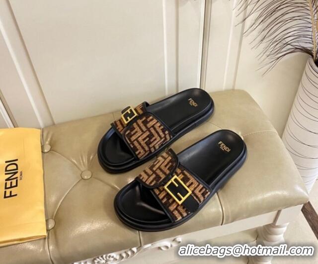 Purchase Fendi Feel Flat Slide Sandals in FF Fabric Black/Brown 030322