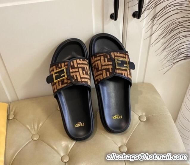 Purchase Fendi Feel Flat Slide Sandals in FF Fabric Black/Brown 030322