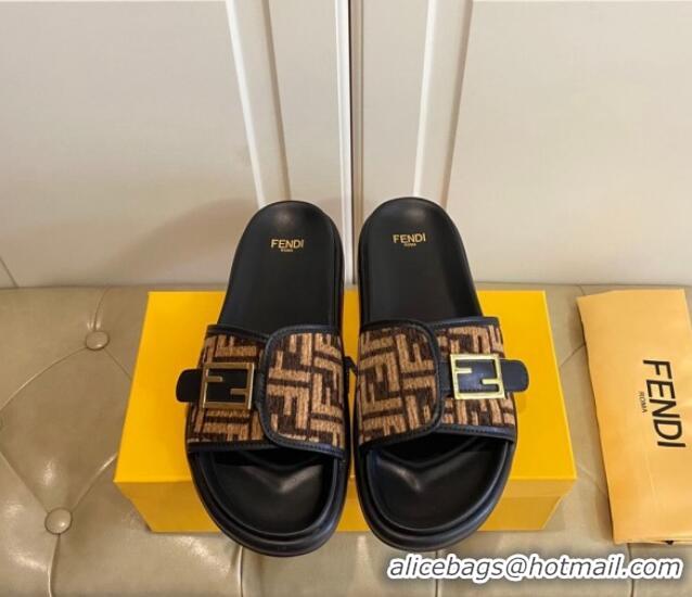 Purchase Fendi Feel Flat Slide Sandals in FF Fabric Black/Brown 030322