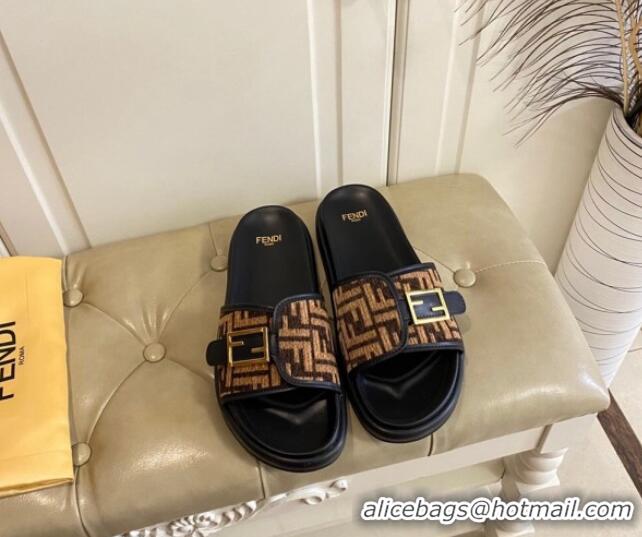 Purchase Fendi Feel Flat Slide Sandals in FF Fabric Black/Brown 030322