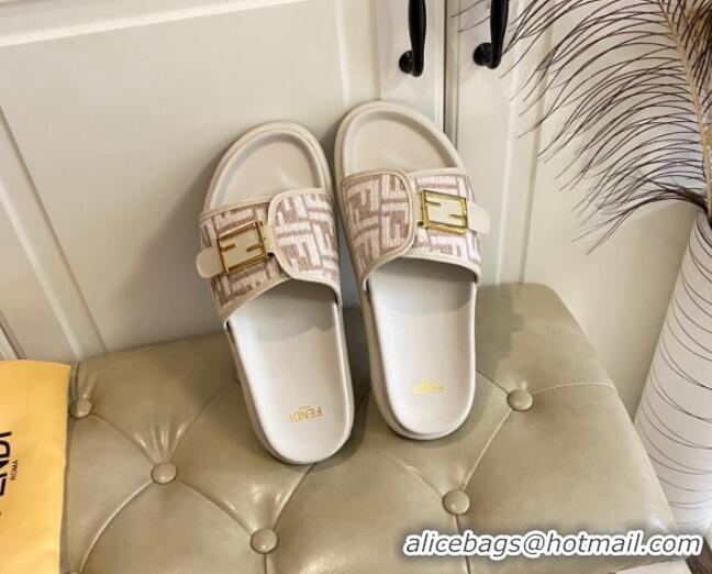 Best Grade Fendi Feel Flat Slide Sandals in FF Fabric Light Grey 030323