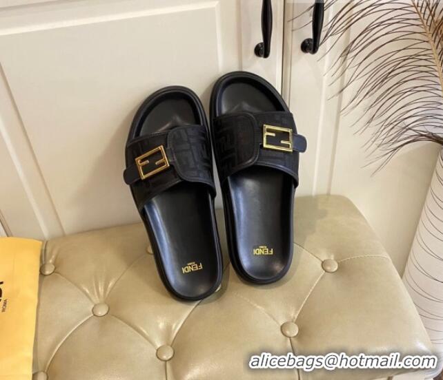 Low Price Fendi Feel Flat Slide Sandals in FF Fabric Black 030324