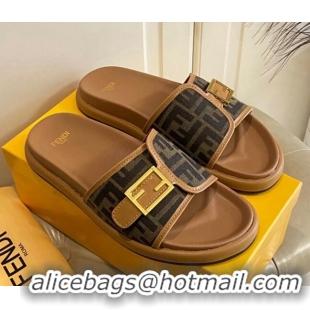 Good Looking Fendi Feel Flat Slide Sandals in FF Fabric Brown/Beige 030325