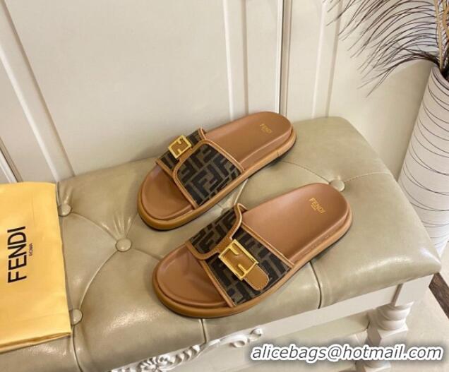 Good Looking Fendi Feel Flat Slide Sandals in FF Fabric Brown/Beige 030325