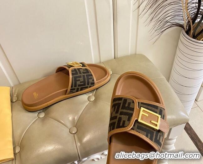 Good Looking Fendi Feel Flat Slide Sandals in FF Fabric Brown/Beige 030325