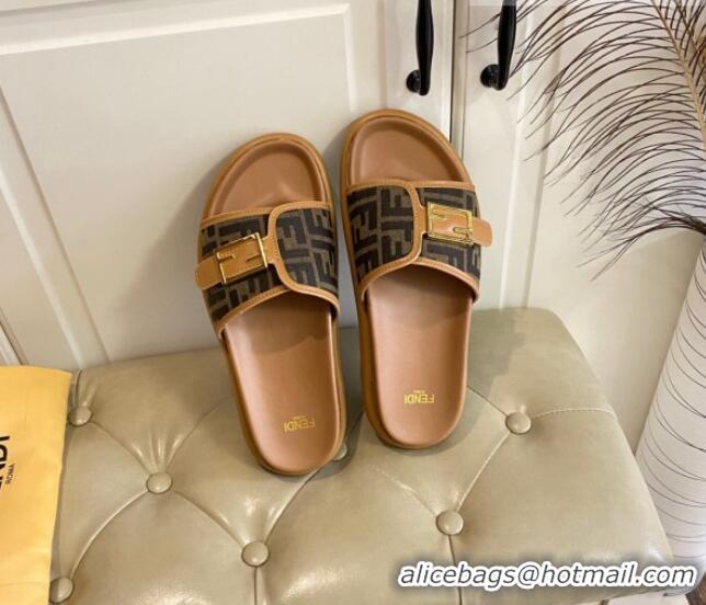 Good Looking Fendi Feel Flat Slide Sandals in FF Fabric Brown/Beige 030325