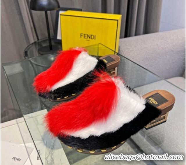 Durable Fendi Baguette Show Clogs Medium Heel Mules 6cm in Red Fox Fur 0321051