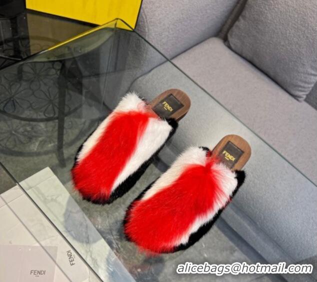 Durable Fendi Baguette Show Clogs Medium Heel Mules 6cm in Red Fox Fur 0321051