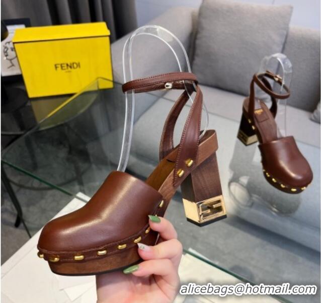 Best Grade Fendi Baguette Show Leather Clogs High Heel Pumps 11cm Brown 321054