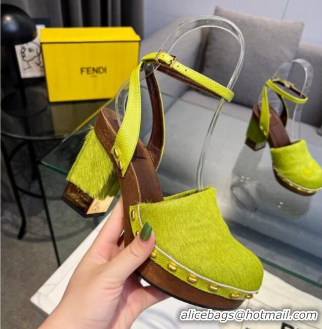 Good Quality Fendi Baguette Show Pony Hair Clogs High Heel Pumps 11cm Green 321056