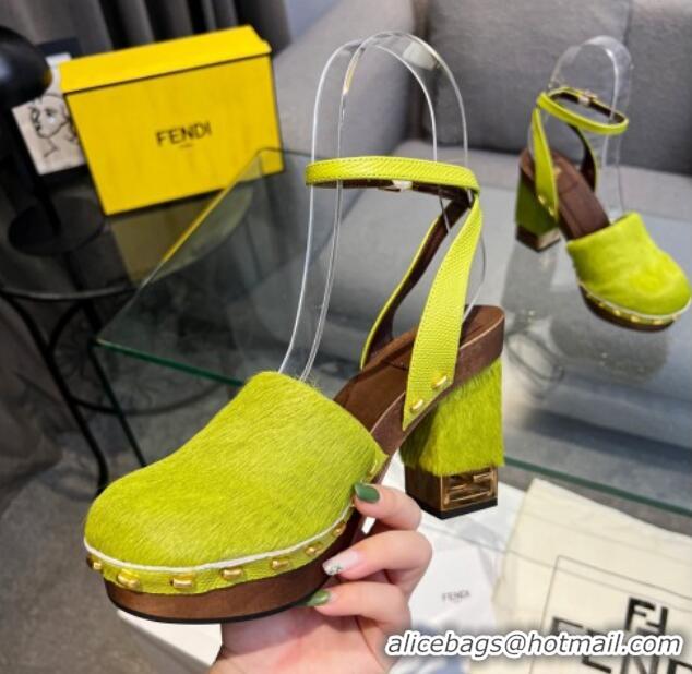 Good Quality Fendi Baguette Show Pony Hair Clogs High Heel Pumps 11cm Green 321056