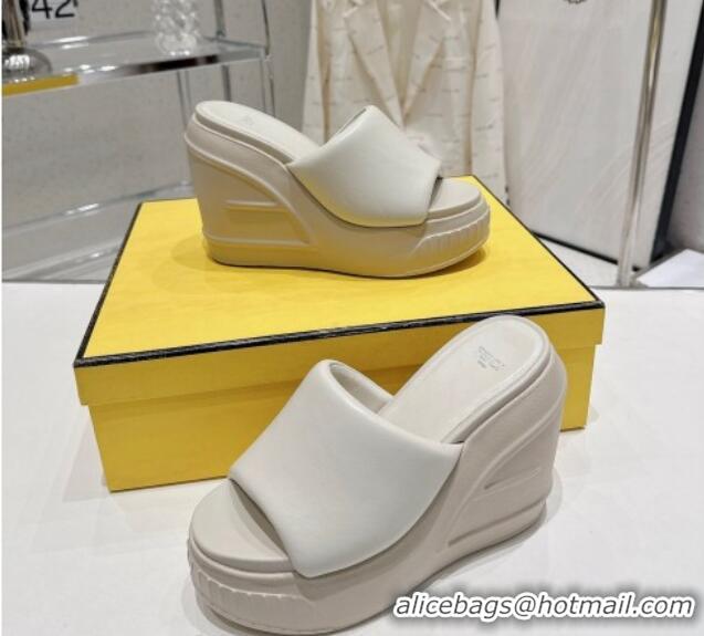 Shop Duplicate Fendi Fashion Show Wedge Slide Sandals 14cm in White Nappa Leather 329033